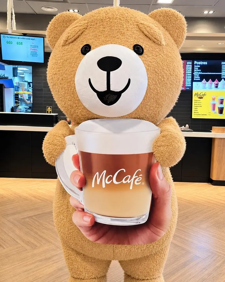Oso gigante con un café de McCafé